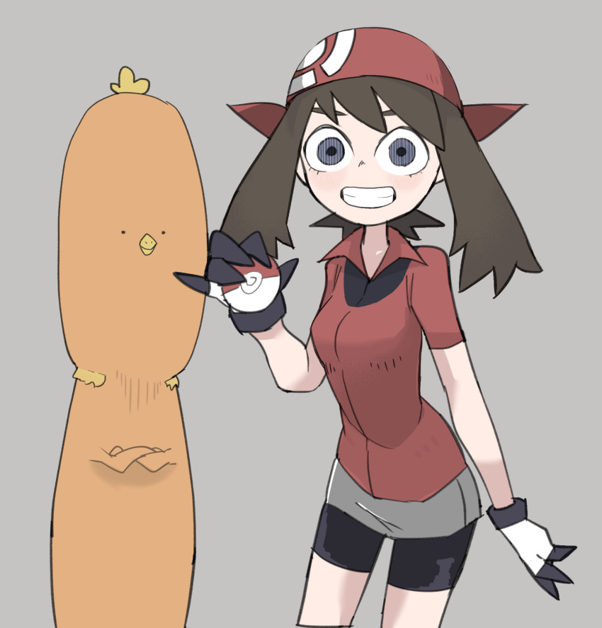 1girl bangs beak bike_shorts black_eyes black_gloves breasts brown_hair crossed_arms gloves grey_background grin highres holding holding_poke_ball long_hair looking_at_viewer may_(pokemon) poke_ball pokemon pokemon_(creature) pokemon_(game) pokemon_rse red_headwear red_shirt shirt simple_background small_breasts smile tirarizun torchic