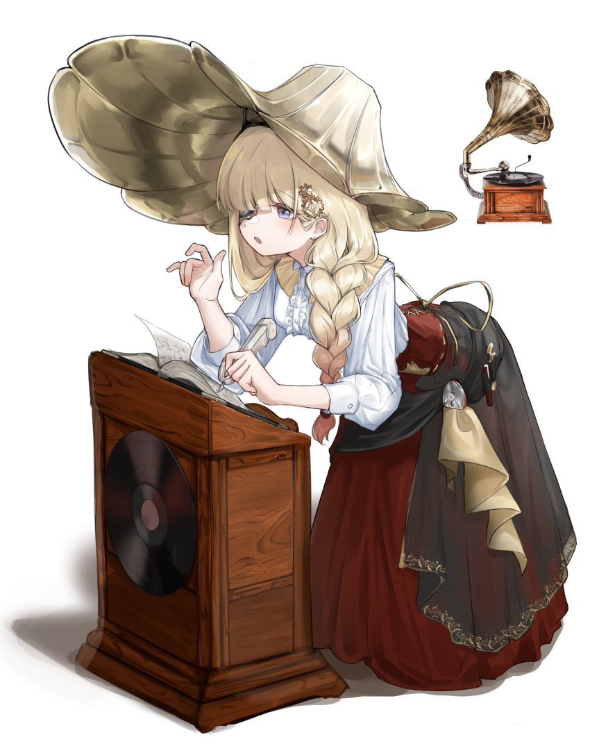 1girl :o absurdres blonde_hair blouse blue_eyes book center_frills english_commentary eyepatch frills gradient_hair highres leaning_forward multicolored_hair open_mouth original personification phonograph phonograph_needle podium polyvora record red_skirt reference_inset sash simple_background skirt solo white_background white_blouse writing