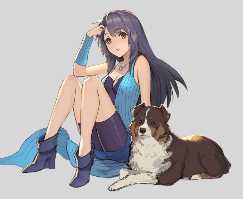 1girl angelo_(ff8) arm_warmers bike_shorts black_hair breasts brown_eyes dog final_fantasy final_fantasy_viii full_body highres jewelry long_hair looking_at_viewer necklace open_mouth rinoa_heartilly simple_background skirt sleeveless sleeveless_duster teffish
