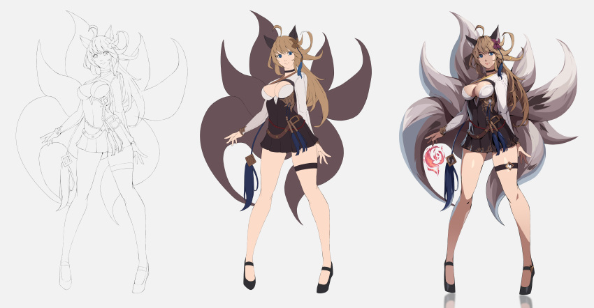 1girl absurdres ahoge animal_ears black_choker black_legwear blue_eyes brown_hair character_sheet choker cleavage_cutout closed_mouth clothing_cutout covered_navel fire flame flat_color flower fox_ears fox_girl fox_tail grey_background hair_flower hair_ornament highres hitodama kitsune kyuubi letsbe lineart long_hair multiple_tails multiple_views original purple_flower simple_background slit_pupils smile standing tail tassel thigh_strap