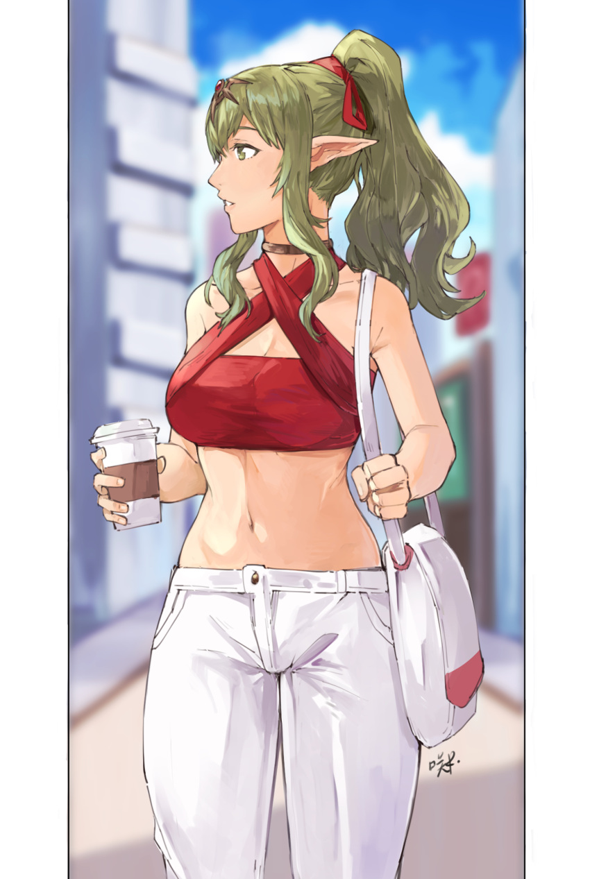 1girl alternate_costume bag bandeau bangs bare_arms bare_shoulders blue_sky blurry blurry_background breasts casual choker coffee_cup commentary_request contemporary cowboy_shot criss-cross_halter cup day disposable_cup fire_emblem fire_emblem_awakening green_eyes green_hair hair_ribbon halterneck handbag headpiece highres holding large_breasts long_hair looking_to_the_side midriff navel outdoors pants pointy_ears ponytail profile red_ribbon ribbon sakuremi sidelocks sky solo standing stomach tiki_(fire_emblem) white_pants