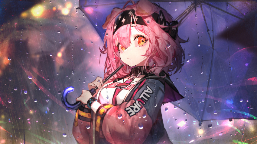 1girl absurdres animal_ears arknights bangs black_hairband bracelet braid breasts cat_ears closed_mouth coat collar eyebrows_visible_through_hair goldenglow_(arknights) hairband highres holding holding_umbrella infection_monitor_(arknights) jewelry libiadan lightning_bolt_print long_hair long_sleeves looking_at_viewer medium_breasts open_clothes open_coat orange_eyes pink_coat pink_hair rain shirt side_braid solo umbrella upper_body water_drop white_shirt