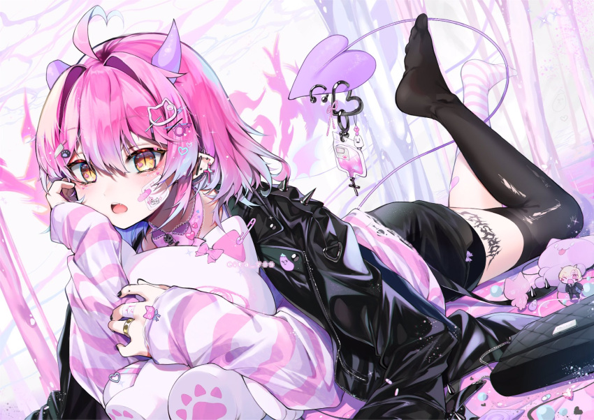 1boy bandaid cat_pillow demon_boy demon_horns demon_tail ear_piercing earrings eita_789 hair_ornament hairclip highres horns jewelry long_sleeves multicolored_hair nail_polish object_hug original piercing pillow pink_hair pointy_ears ring tail thigh-highs white_hair