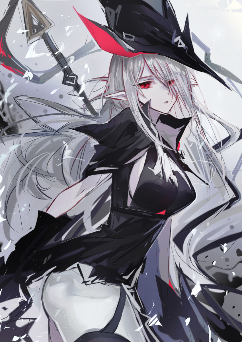 1girl arknights black_gloves black_headwear breasts cowboy_shot expressionless eyes_visible_through_hair gladiia_(arknights) gloves gradient gradient_background grey_background hair_over_one_eye highres kaguura_(kagu) large_breasts leaning_forward long_hair pants parted_lips pointy_ears red_eyes red_shirt shirt short_sleeves sideboob silver_hair solo tight tight_pants very_long_hair weapon white_pants