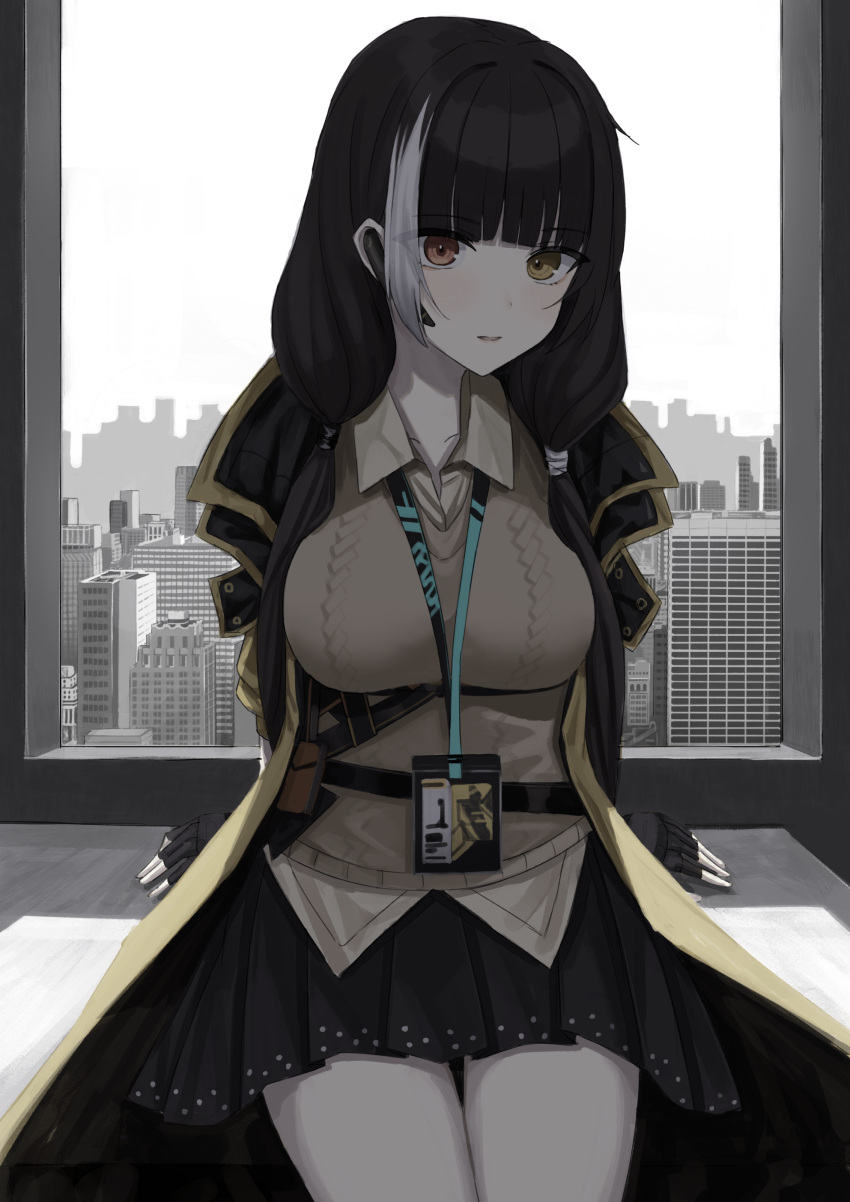 absurdres arms_behind_back bangs beige_shirt beige_sweater black_gloves black_hair black_jacket black_skirt blunt_bangs breasts building cityscape collarbone commentary_request day eyebrows eyebrows_visible_through_hair fingerless_gloves girls_frontline gloves grey_sky hairband head_tilt heterochromia highres id_card jacket large_breasts legs_together looking_at_viewer low_twintails mado_mdmbx_(wjjj5485) multicolored_clothes multicolored_hair multicolored_jacket parted_lips red_eyes ro635_(girls'_frontline) shirt sitting skirt sky skyscraper streaked_hair sweater thigh_gap thighs twintails white_hair white_hairband window yellow_eyes yellow_jacket