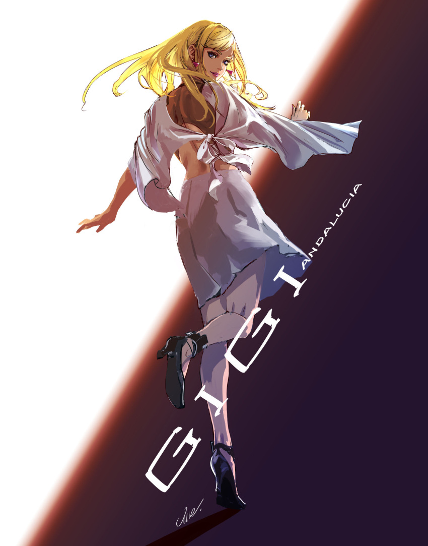 1girl black_footwear blonde_hair blue_eyes capelet character_name dress earrings from_behind gigi_andalusia gundam gundam_hathaway's_flash hair_behind_ear high_heels highres jewelry looking_at_viewer looking_back revision smile solo triangle_earrings umeno_ryuuji white_capelet white_dress