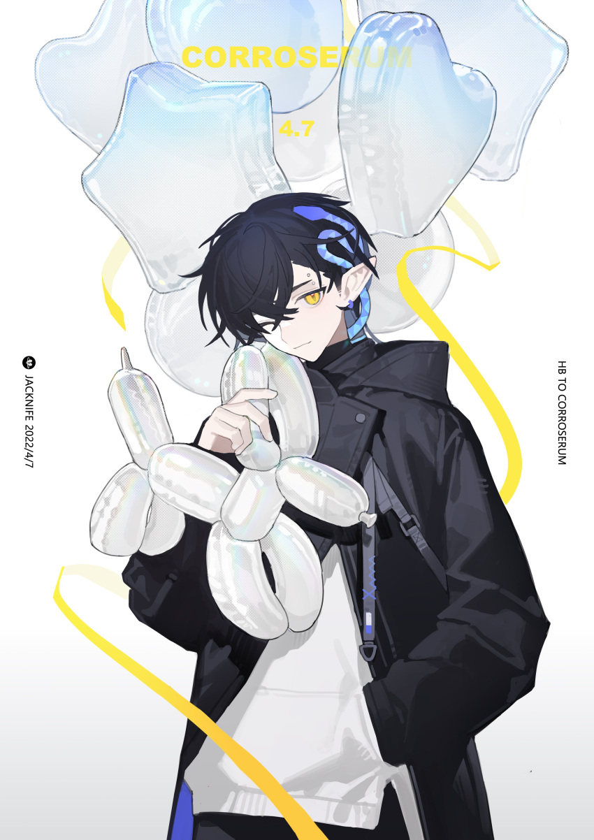 1boy absurdres animal_balloon arknights artist_name balloon bishounen black_hair black_jacket corroserum_(arknights) english_text hair_over_one_eye hand_in_pocket highres jacket jacknife male_focus one_eye_covered pointy_ears short_hair simple_background slit_pupils snake_boy solo white_background yellow_eyes