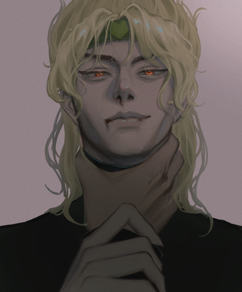 1boy 1other absurdres blonde_hair blood blood_from_mouth blood_on_face closed_mouth dio_brando film_grain fingernails half-closed_eyes hand_on_another's_neck headband heart highres holding_another's_wrist jojo_no_kimyou_na_bouken k31ra looking_at_viewer male_focus medium_hair nosebleed orange_eyes sharp_fingernails smile solo_focus turtleneck upper_body