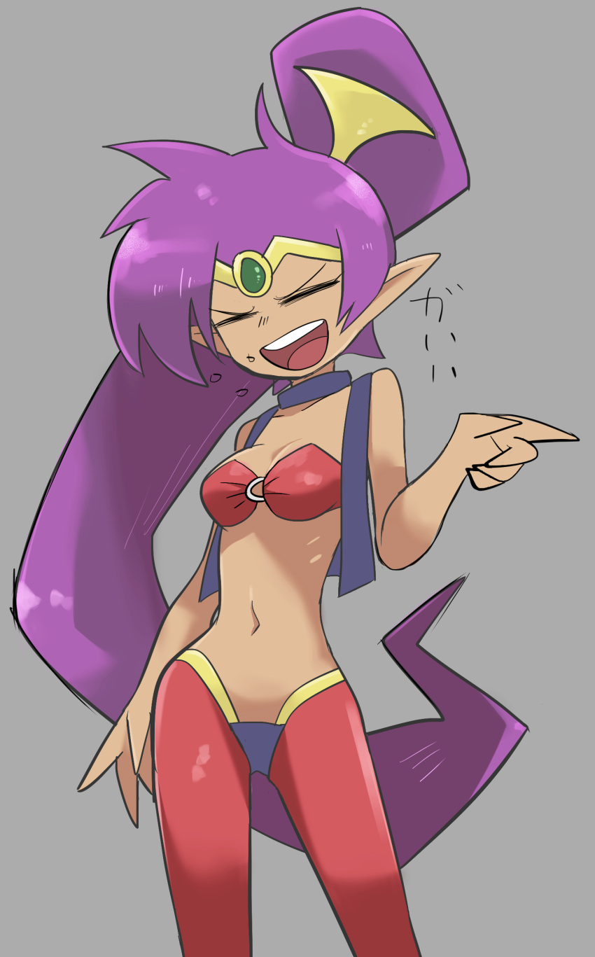 1girl absurdres arabian_clothes bangs breasts circlet closed_eyes dark-skinned_female dark_skin forehead_jewel grey_background harem_pants highres long_hair open_mouth pants pointing pointy_ears purple_hair shantae shantae_(series) simple_background small_breasts solo tirarizun translation_request very_long_hair