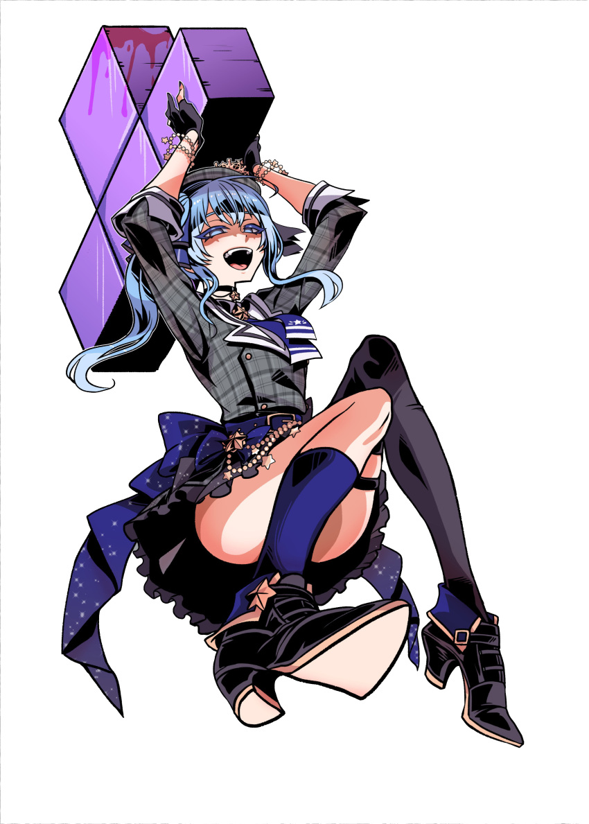 1girl :d absurdres ass belt beret black_gloves black_legwear blood blue_eyes blue_hair blue_legwear bracelet crown ga320aaa gloves hat high_heels highres hololive hoshimachi_suisei jewelry kneehighs looking_at_viewer side_ponytail simple_background smile solo teeth tetris thigh-highs tongue white_background