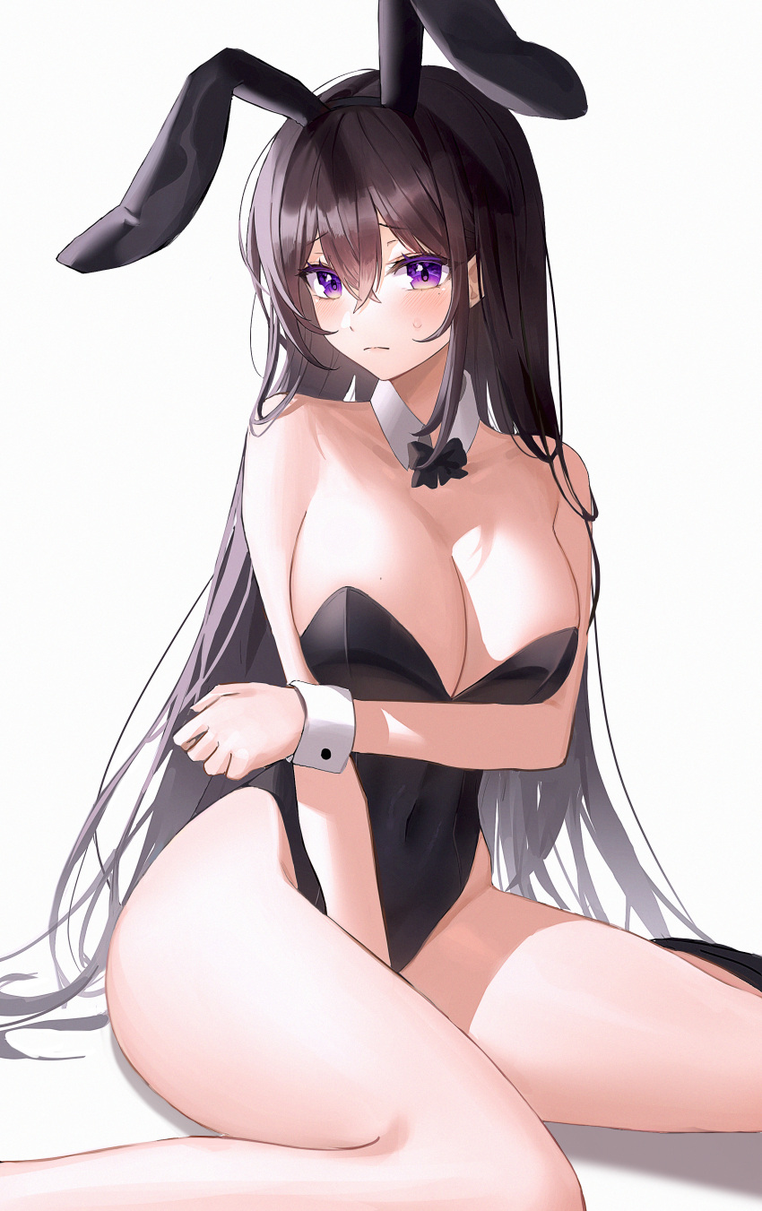 1girl absurdres animal_ears arm_under_breasts bangs bare_shoulders black_bow black_bowtie black_hair black_leotard blush bow bowtie breasts closed_mouth detached_collar eyebrows_visible_through_hair fake_animal_ears hair_between_eyes highres large_breasts leotard long_hair looking_at_viewer mole mole_on_breast mole_under_eye momimi original playboy_bunny rabbit_ears raised_eyebrows sitting solo straight_hair sweatdrop thighs violet_eyes wariza wide_hips wrist_cuffs