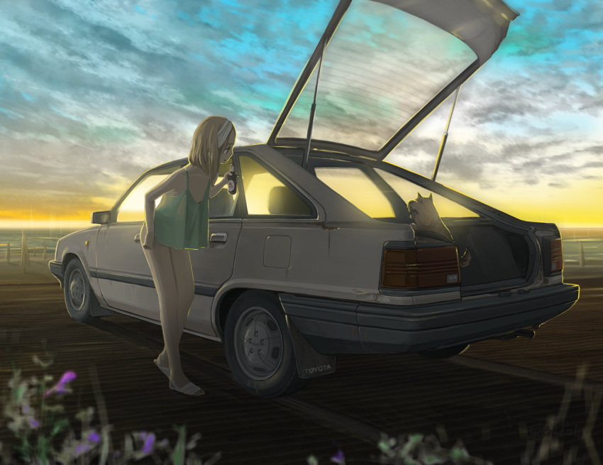1girl blonde_hair blue_sky bottle car closed_mouth clouds cloudy_sky commentary_request dog drink evening gradient_sky green_swimsuit ground_vehicle holding holding_bottle holding_drink jettoburikku looking_at_another medium_hair motor_vehicle ocean original rust sandals sky smile swimsuit tail_lights toyota toyota_camry twilight vehicle_focus yellow_sky yorkshire_terrier