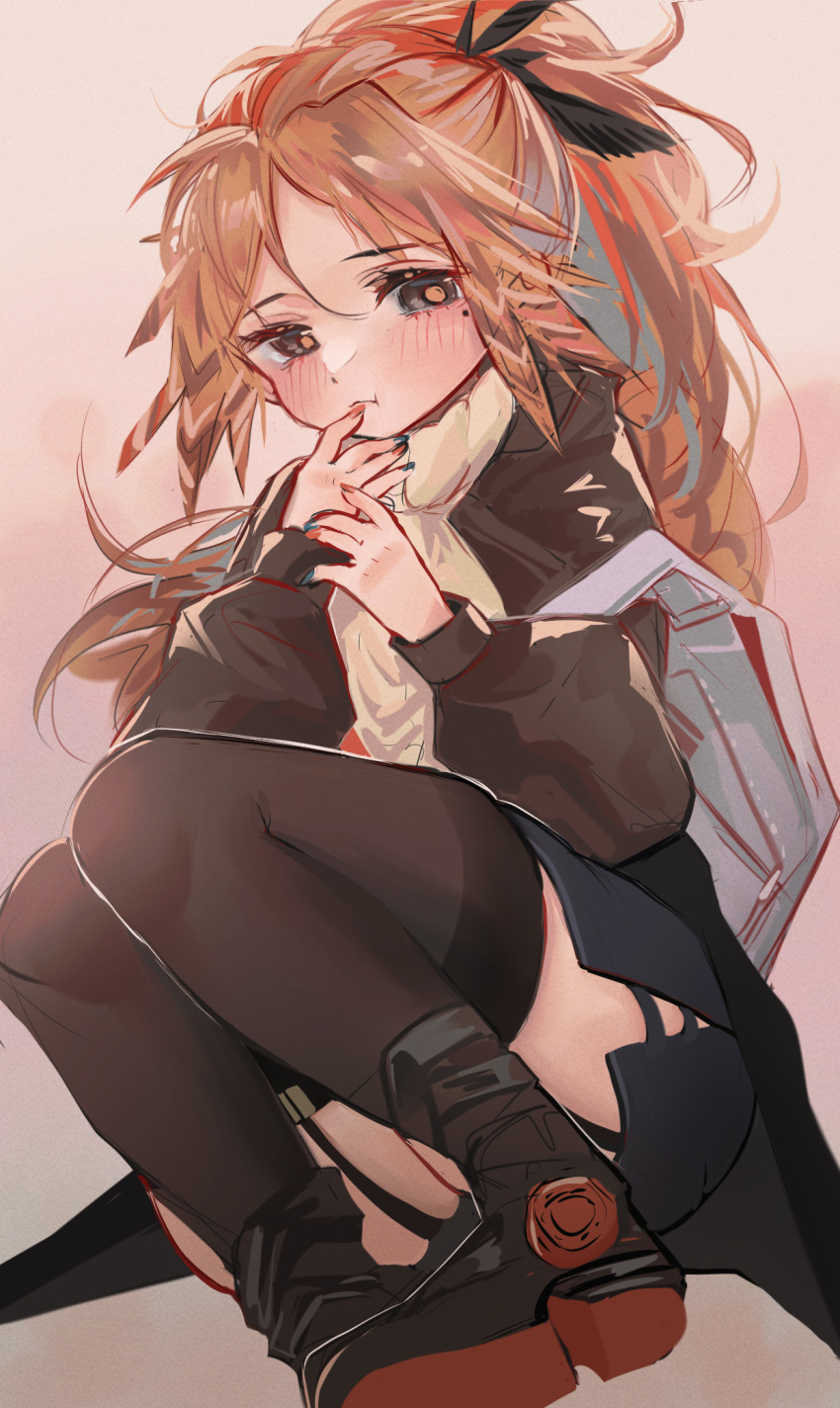 1girl :t aran_sweater arknights black_footwear black_jacket black_legwear blue_nails blush brown_sweater feather_hair finger_to_mouth garter_straps grey_background hands_up highres jacket kaguura_(kagu) long_hair looking_at_viewer mole mole_under_eye multicolored_nails one-hour_drawing_challenge open_clothes open_jacket orange_eyes orange_hair orange_nails pinecone_(arknights) ponytail simple_background solo sweater thigh-highs thighs turtleneck