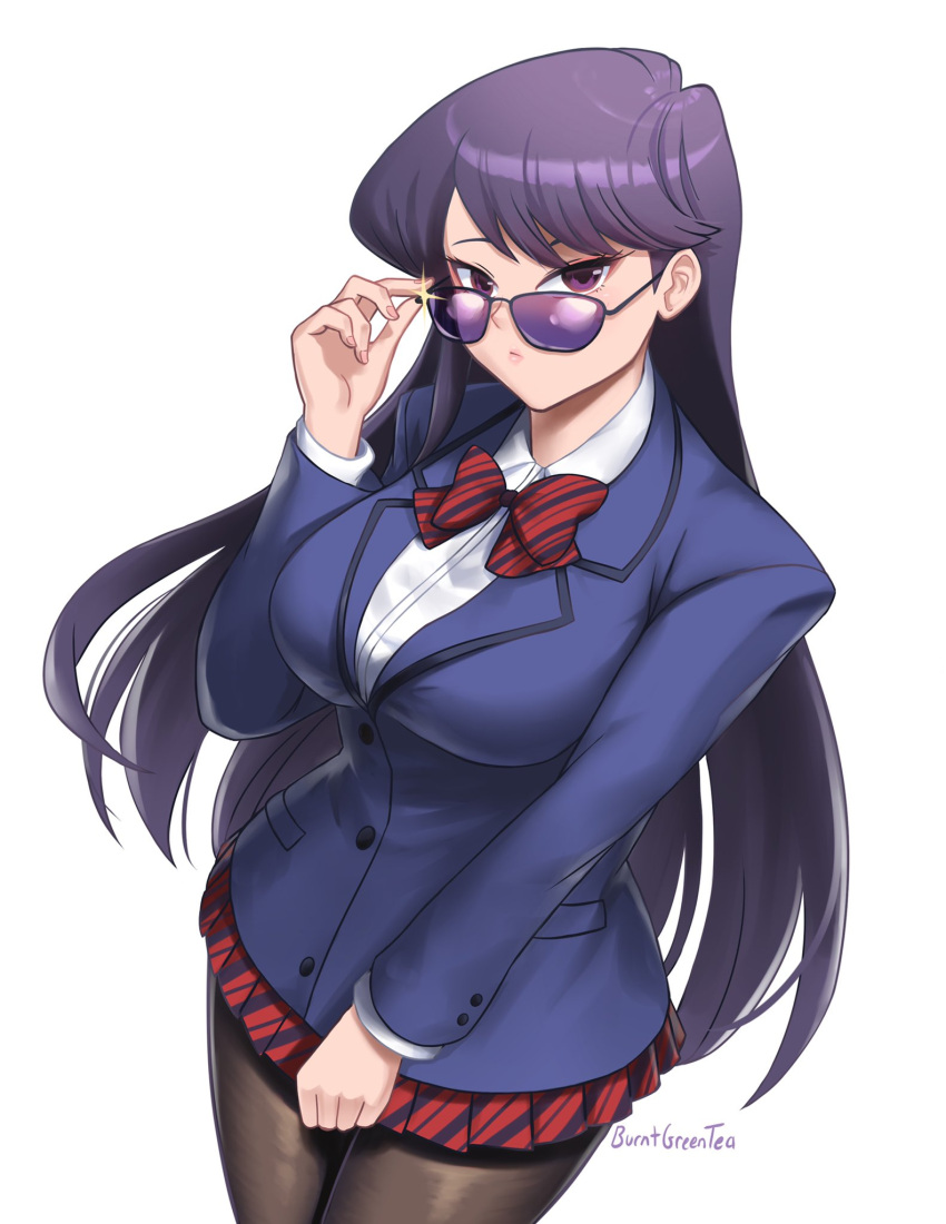 1girl artist_name bangs black_legwear bow breasts burnt_green_tea closed_mouth commentary_request cowboy_shot fingernails forehead frilled_skirt frills hand_up highres komi-san_wa_komyushou_desu komi_shouko large_breasts long_hair long_sleeves looking_at_viewer purple_hair ribbon shadow simple_background skirt solo sparkle striped striped_bow striped_skirt sunglasses uniform violet_eyes white_background