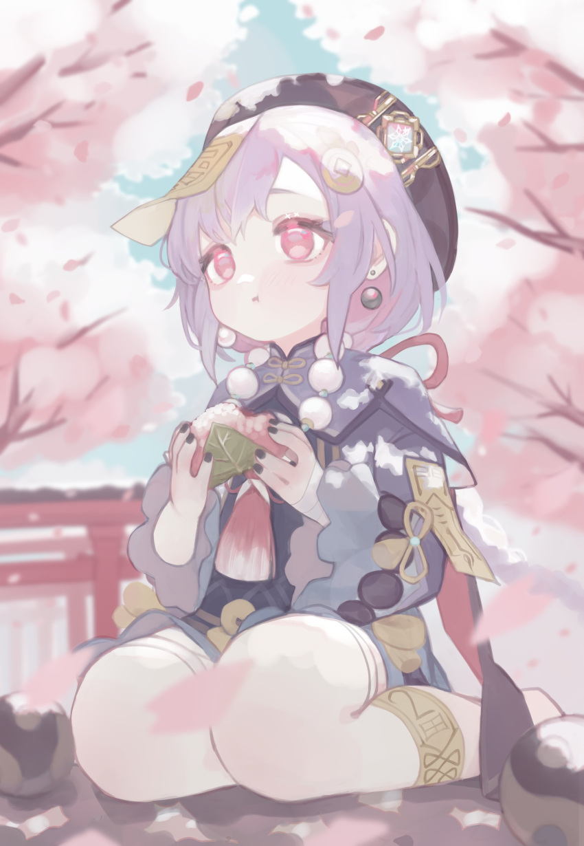 1girl 750x077 absurdres bangs bead_necklace beads cherry_blossoms closed_mouth coin_hair_ornament earrings eating food full_body genshin_impact hat highres holding holding_food jewelry jiangshi necklace ofuda ofuda_on_clothes orb outdoors purple_hair purple_headwear qing_guanmao qiqi_(genshin_impact) red_eyes seiza short_hair sitting solo tree yin_yang yin_yang_orb