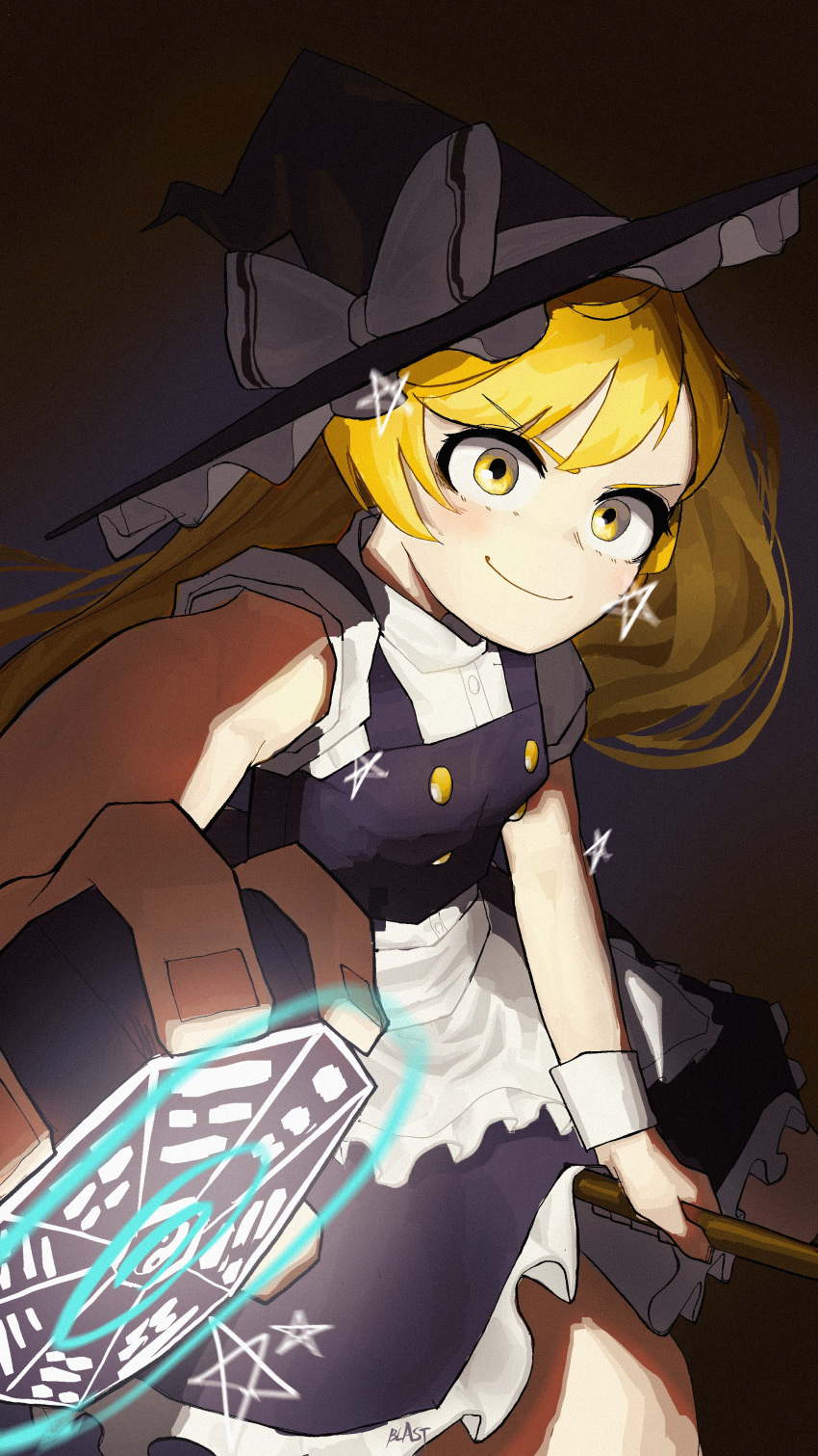 1girl absurdres apron blast-7 blonde_hair bow broom broom_riding closed_mouth dark_background foreshortening gradient gradient_background hat highres kirisame_marisa light long_hair looking_at_viewer perspective simple_background smile solo star_(symbol) touhou vest waist_apron witch_hat yellow_eyes