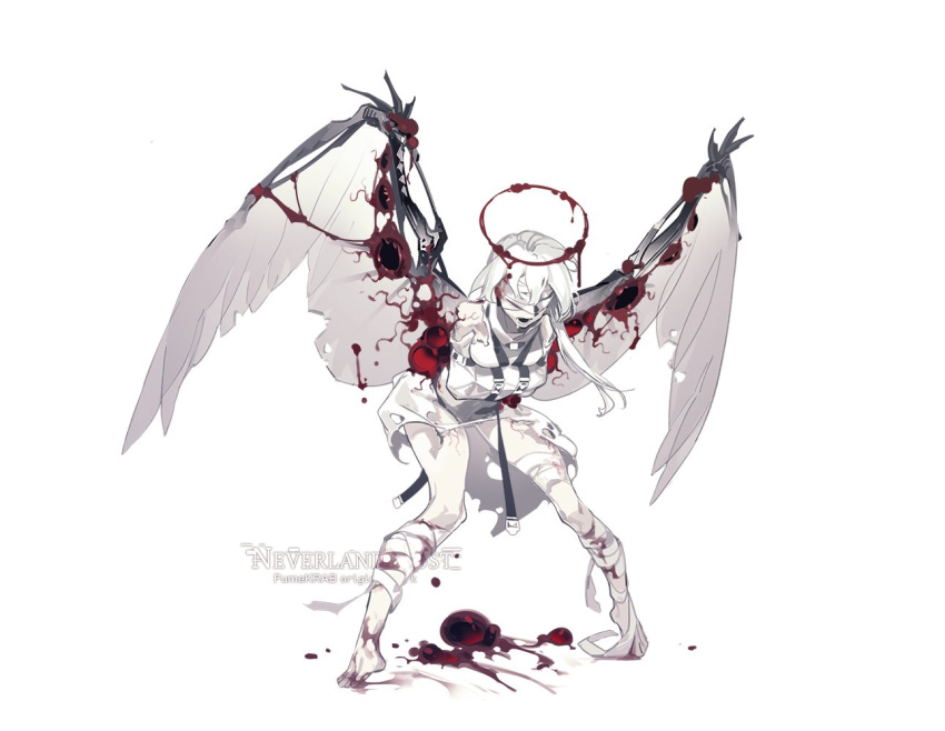 1girl angel angel_wings bandages barefoot blindfold blood blood_on_bandages bound bound_arms english_commentary full_body halo krab_(fumekrab) long_hair open_mouth original pale_skin solo standing straitjacket torn_clothes veins white_background white_hair wings