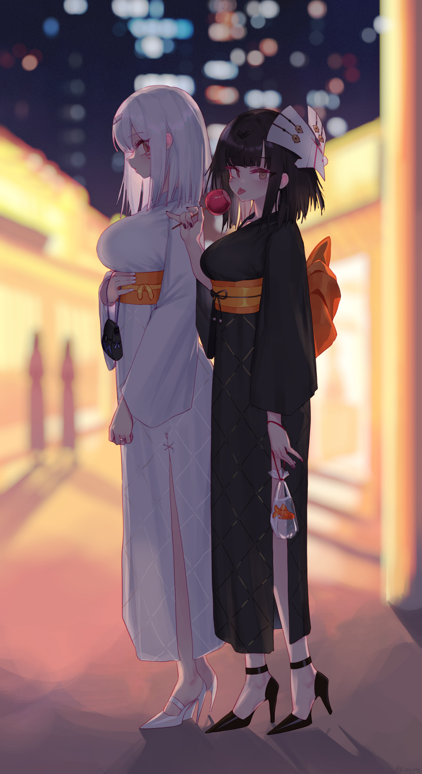 2girls absurdres bag bangs black_footwear black_hair black_kimono black_nails blunt_bangs blurry blurry_background breasts brown_eyes candy_apple eonsang fish food girls_frontline hair_ornament high_heels highres japanese_clothes jewelry kimono large_breasts long_hair long_sleeves looking_at_viewer mask mask_on_head multiple_girls nail_polish nyto_(girls'_frontline) nyto_adeline_(girls'_frontline) nyto_alina_(girls'_frontline) obi paradeus ring sash shoes silver_hair standing summer_festival tongue tongue_out wedding_band white_footwear white_kimono white_nails wide_sleeves yukata