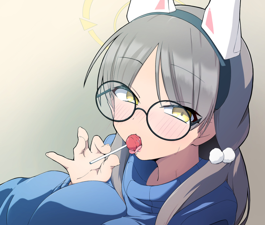 1girl bangs black-framed_eyewear blue_archive blue_sweater blush breasts candy eyebrows_visible_through_hair food glasses grey_background grey_hair hair_ornament halo headgear highres holding holding_candy holding_food holding_lollipop licking lollipop long_hair long_sleeves looking_at_viewer low_twintails miyamegane moe_(blue_archive) pom_pom_(clothes) pom_pom_hair_ornament portrait round_eyewear sexually_suggestive simple_background solo sweat sweater twintails yellow_eyes