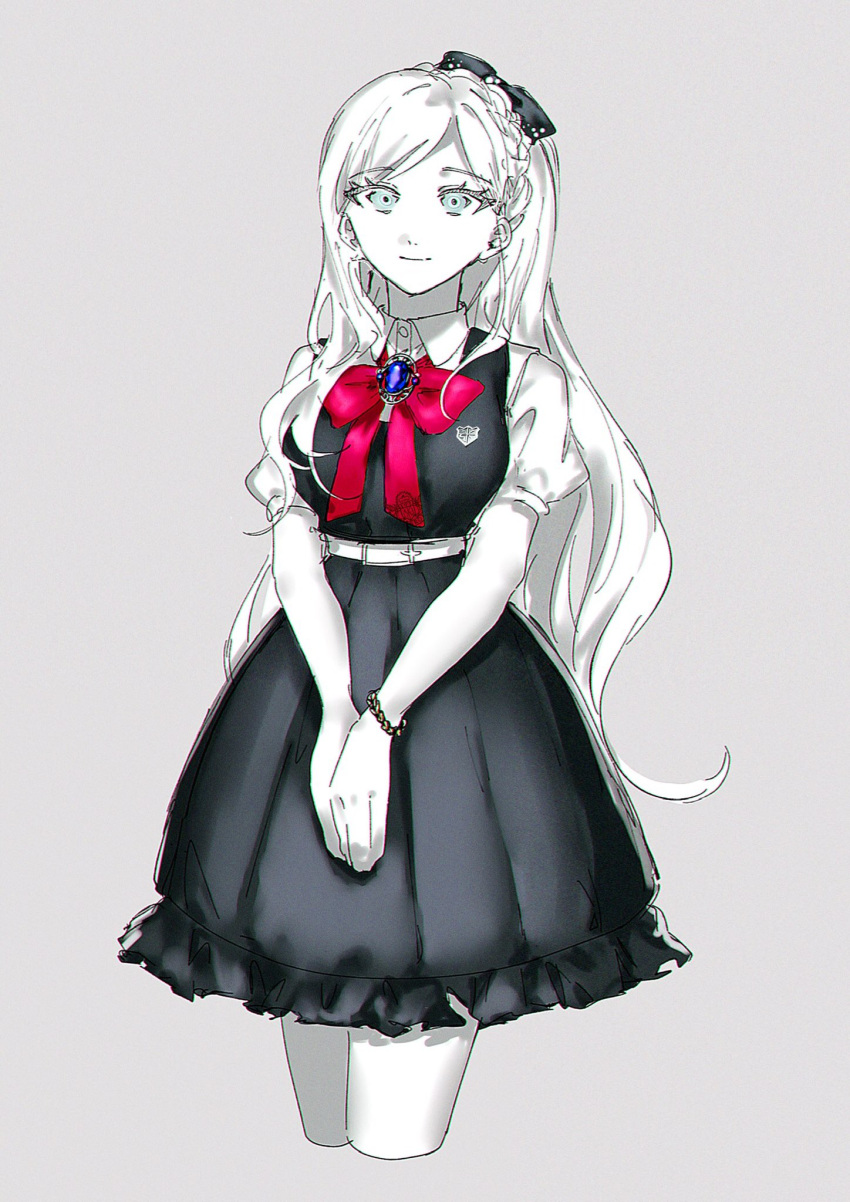 1girl bangs black_bow blonde_hair bow bowtie braid breasts brooch collared_shirt cropped_legs danganronpa_(series) danganronpa_2:_goodbye_despair dress green_dress grey_background hair_bow highres jewelry large_breasts long_hair own_hands_together puffy_short_sleeves puffy_sleeves red_bow red_bowtie shirt short_sleeves simple_background smile sonia_nevermind watase_(wataxx) white_shirt