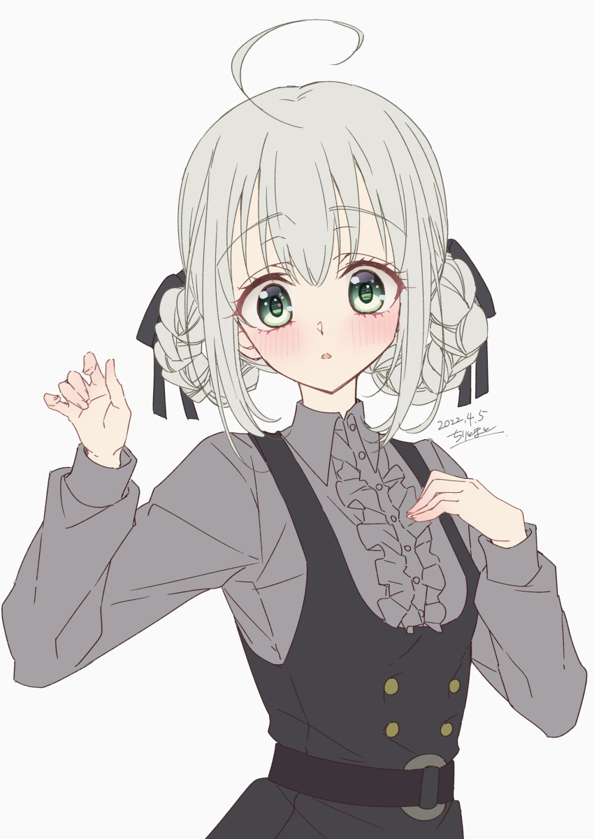 1girl absurdres ahoge bangs blush braid buttons center_frills chiri_to_mato dated eyebrows_visible_through_hair eyelashes fate_(series) frills gray_(fate) green_eyes hair_ribbon highres long_sleeves lord_el-melloi_ii_case_files open_mouth puffy_long_sleeves puffy_sleeves ribbon signature solo