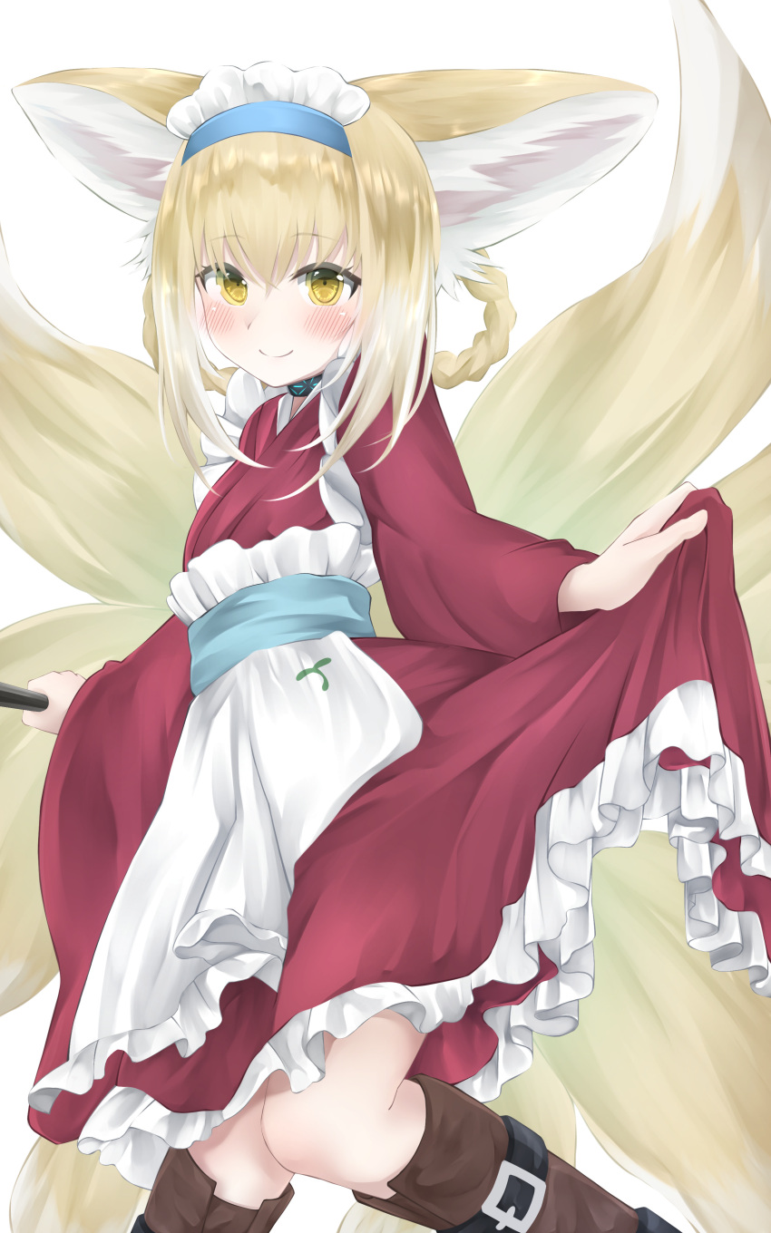 1girl absurdres alternate_costume animal_ear_fluff animal_ears arknights bangs blonde_hair blue_hairband blush braid commentary_request dress eyebrows_visible_through_hair feet_out_of_frame fox_ears fox_girl fox_tail hairband heim_tm heimu_(heim_kstr) highres holding holding_clothes holding_dress long_sleeves looking_at_viewer multiple_tails orange_eyes solo suzuran_(arknights) tail