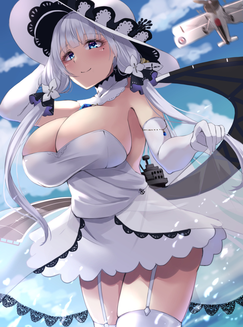 1girl aircraft airplane azur_lane bangs blue_eyes blue_sky blush breasts closed_mouth cowboy_shot dress elbow_gloves garter_straps gloves hair_ornament highres illustrious_(azur_lane) large_breasts large_hat long_hair looking_at_viewer mole mole_under_eye outdoors sky smile solo thigh-highs thighs twintails water wee_(weeyy) white_dress white_gloves white_hair white_headwear white_legwear