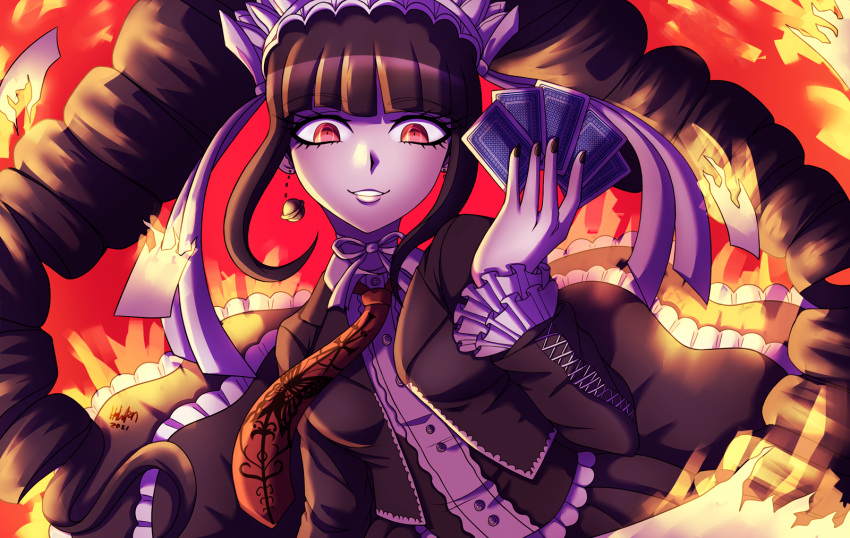 1girl animal_print bangs black_hair black_jacket black_nails black_skirt bonnet burning butterfly_print card celestia_ludenberg danganronpa:_trigger_happy_havoc danganronpa_(series) drill_hair earrings eyebrows_visible_through_hair falco_(cyruz) frilled_skirt frills gothic_lolita grin highres holding holding_card jacket jewelry layered_skirt lolita_fashion long_hair necktie open_clothes open_jacket parted_lips playing_card red_background red_eyes red_necktie skirt smile solo teeth twin_drills twintails