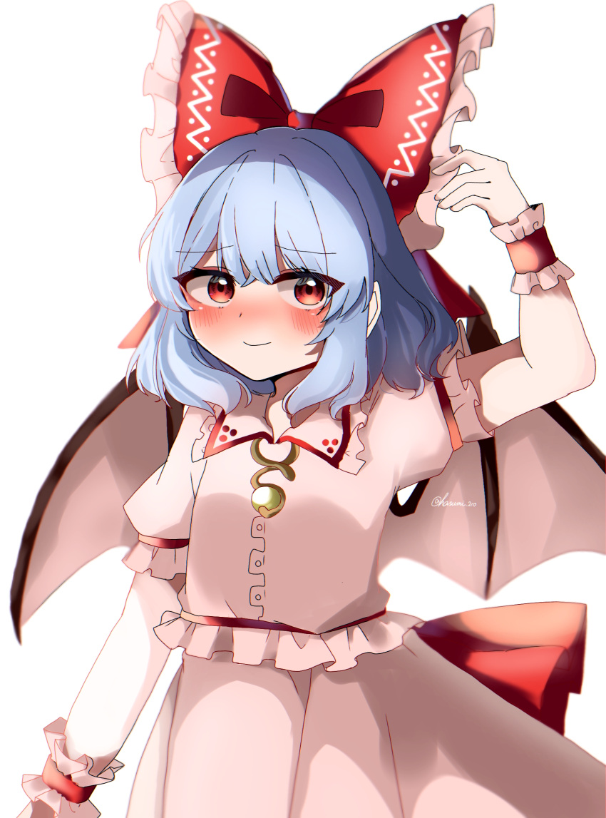 1girl absurdres artist_name bat_wings blue_hair blush bow brooch cosplay dress eyebrows_visible_through_hair frills hakurei_reimu hakurei_reimu_(cosplay) hasumi_suzuna highres jewelry looking_at_viewer puffy_short_sleeves puffy_sleeves red_bow red_eyes remilia_scarlet ribbon short_hair short_sleeves smile solo touhou wings wrist_cuffs