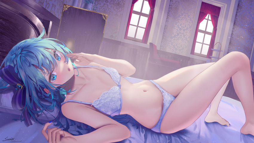 1girl :o bangs bare_arms bare_legs barefoot bed blue_eyes blue_hair blue_nails blue_ribbon bra flat_chest foot_out_of_frame hair_ribbon highres indoors knees_up light_particles long_hair lying nail_polish navel on_back on_bed original panties pillow purple_bra purple_panties ribbon saraki sideways_glance signature solo stomach underwear underwear_only window