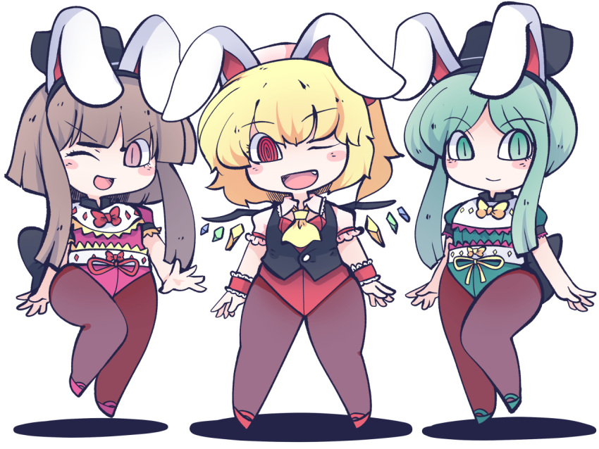 3girls :d ;d @_@ alternate_costume animal_ears ascot black_headwear black_legwear bow brown_eyes brown_hair commission crystal eyebrows_visible_through_hair fang flandre_scarlet fried_rice0614 full_body green_eyes green_footwear green_hair green_leotard hat leotard looking_at_viewer multiple_girls nishida_satono one_eye_closed open_mouth pantyhose pink_footwear pink_leotard playboy_bunny rabbit_ears red_bow red_eyes red_footwear red_leotard short_hair_with_long_locks simple_background skeb_commission smile standing tate_eboshi teireida_mai touhou v-shaped_eyebrows white_background wings yellow_ascot yellow_bow