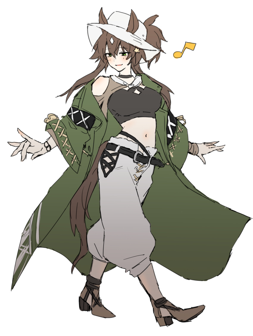 1girl animal_ears arknights bangs bare_shoulders belt black_belt black_shirt breasts brown_footwear brown_hair clothing_cutout coat crop_top ears_through_headwear eyebrows_visible_through_hair fedora flat_color full_body green_coat green_eyes hair_between_eyes hat high_heels highres large_breasts long_hair long_sleeves meteor_(arknights) meteor_(bard's_holiday)_(arknights) midriff musical_note navel official_alternate_costume open_clothes open_coat pants parted_lips ponytail raw_egg_lent shirt shoulder_cutout smile solo standing stomach tail white_headwear white_pants wide_sleeves
