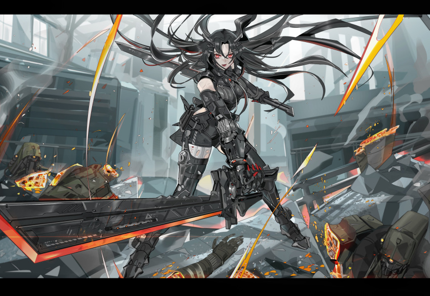 1girl absurdres battle black_hair dual_wielding english_commentary executioner_(girls'_frontline) girls_frontline highres holding holding_sword holding_weapon long_hair looking_at_viewer nslacka red_eyes reverse_grip robot rubble standing sword very_long_hair weapon