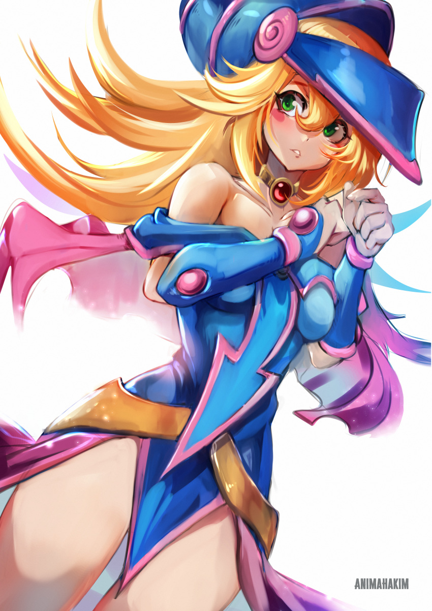 1girl absurdres animahakim artist_name bare_shoulders blonde_hair blue_dress blue_eyes blush collarbone commentary_request dark_magician_girl dress eyebrows_visible_through_hair green_eyes hair_between_eyes hand_up hat highres jewelry legs_apart long_hair looking_to_the_side magical_girl magician necklace parted_lips pink_dress simple_background solo teeth white_background yu-gi-oh!