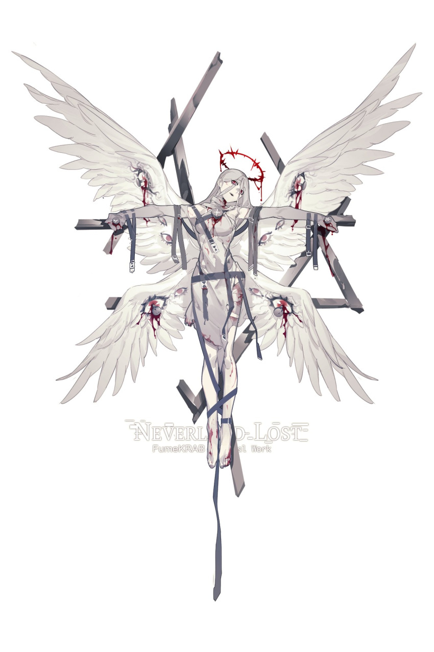 1girl angel angel_wings barefoot blood crucifixion english_commentary extra_eyes full_body halo highres impaled krab_(fumekrab) multiple_wings open_mouth original pale_skin plantar_flexion red_eyes solo torn_clothes white_background white_hair wings