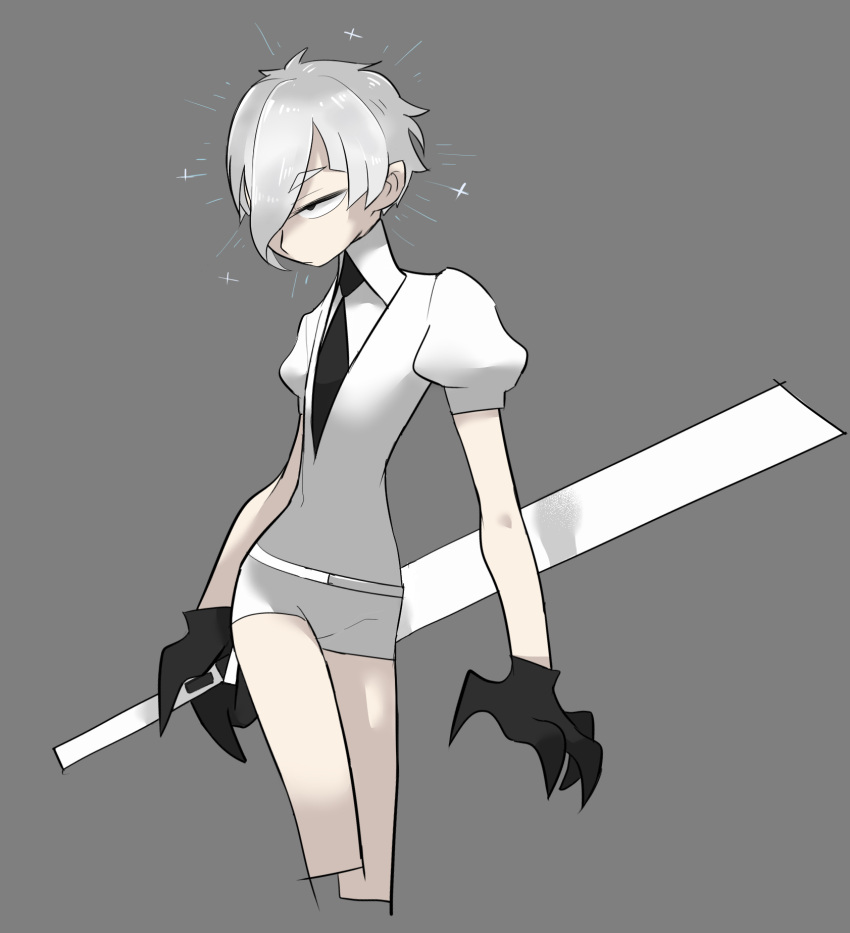1other androgynous antarcticite bangs black_eyes black_gloves black_necktie closed_mouth cropped_legs crystal_hair gem_uniform_(houseki_no_kuni) gloves grey_background hair_over_one_eye highres holding holding_weapon houseki_no_kuni necktie short_hair short_sleeves simple_background solo sparkle tirarizun weapon
