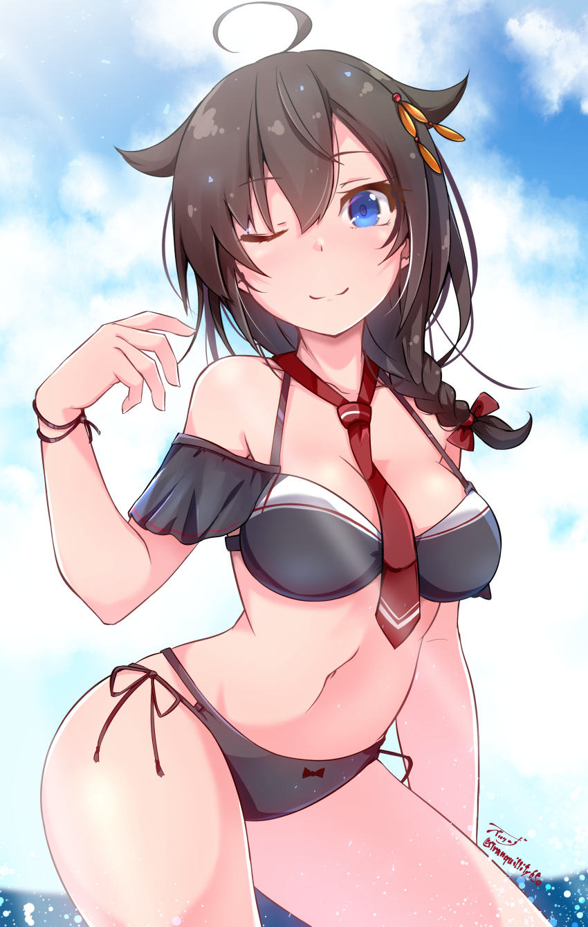 1girl absurdres ahoge artist_name baileys_(tranquillity650) bare_arms bare_legs bare_shoulders bikini black_bikini blue_eyes braid breasts brown_hair closed_mouth collarbone cowboy_shot eyebrows_visible_through_hair hair_between_eyes hair_flaps highres kantai_collection large_breasts long_hair navel one_eye_closed shigure_(kancolle) shigure_kai_ni_(kancolle) signature single_braid smile solo swimsuit twitter_username