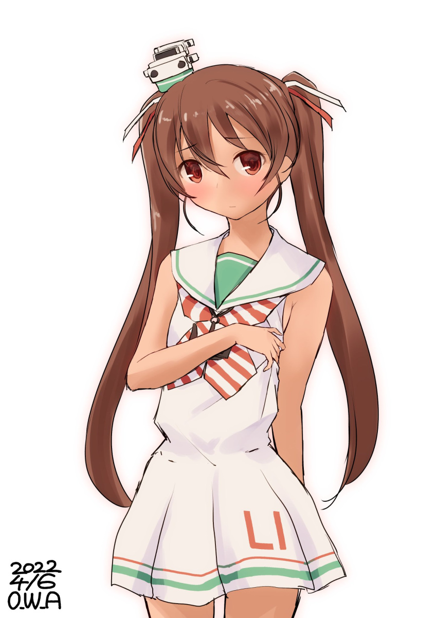 1girl brown_eyes brown_hair clothes_writing commentary_request cowboy_shot dark-skinned_female dark_skin dated dress hat highres kantai_collection libeccio_(kancolle) long_hair mini_hat neckerchief one-hour_drawing_challenge owa_(ishtail) sailor_collar sailor_dress sleeveless sleeveless_dress solo striped_neckerchief twintails twitter_username white_dress
