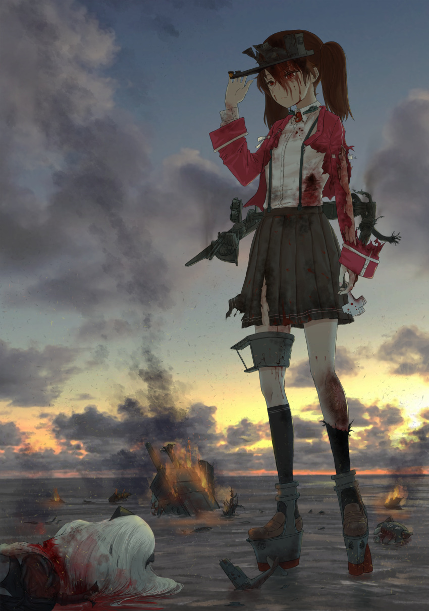 2girls abyssal_ship bangs black_legwear black_panties black_skirt blood blood_on_clothes blood_on_face brown_hair closed_mouth clouds commentary_request death enemy_aircraft_(kancolle) fire guro hair_between_eyes highres horns kantai_collection kneehighs long_hair lying magatama multiple_girls nito_(nshtntr) northern_ocean_princess on_side outdoors panties pleated_skirt red_eyes rudder_footwear ryuujou_(kancolle) shikigami shirt skirt sky smoke standing suspender_skirt suspenders torn_clothes twintails underwear water white_hair white_shirt