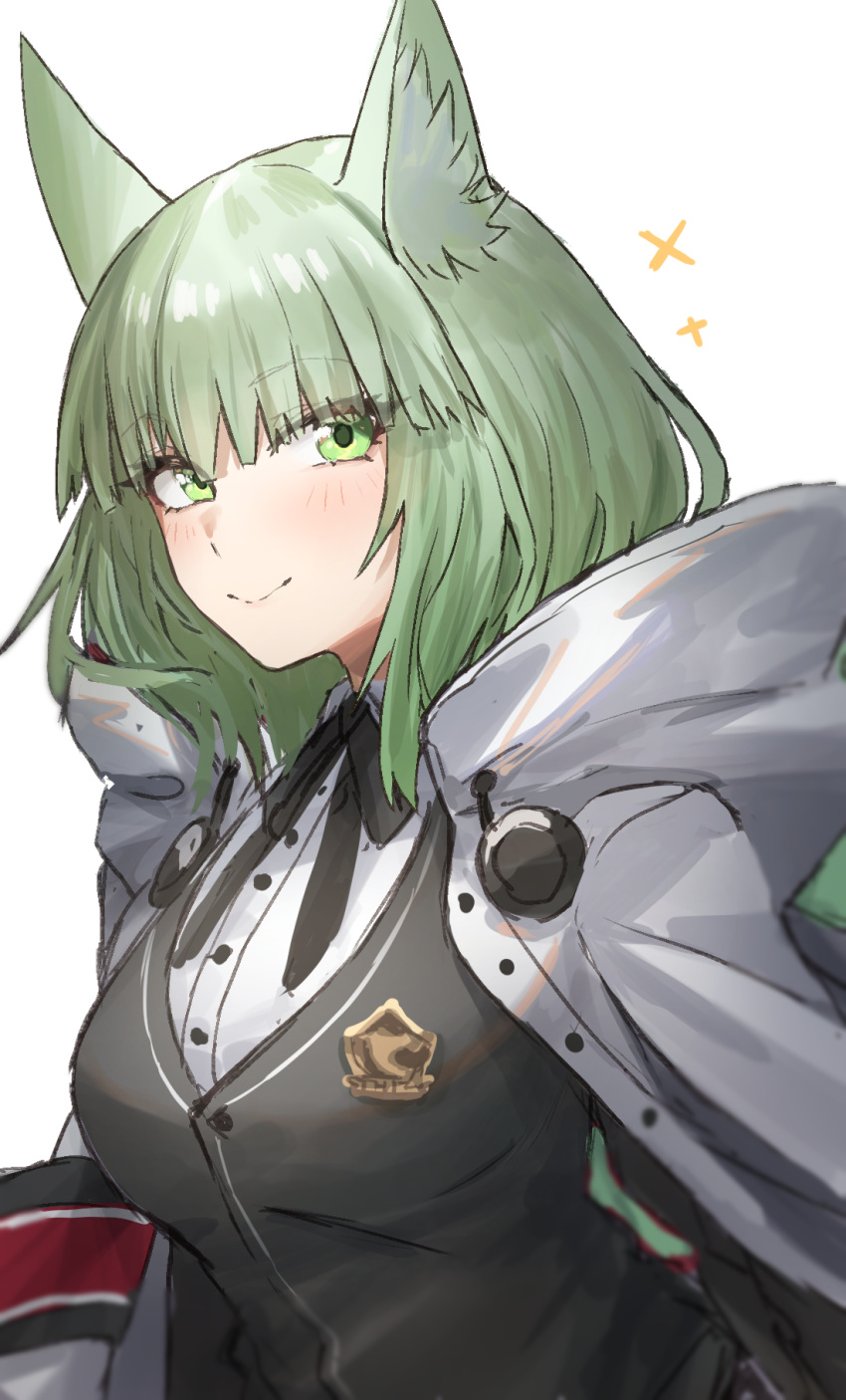 1girl animal_ear_fluff animal_ears arknights bangs black_ribbon black_vest blush breasts cape cat_ears closed_mouth eyebrows_visible_through_hair green_eyes green_hair harmonie_(arknights) highres long_hair long_sleeves looking_at_viewer medium_breasts neck_ribbon raw_egg_lent ribbon smile solo sparkle upper_body vest white_cape