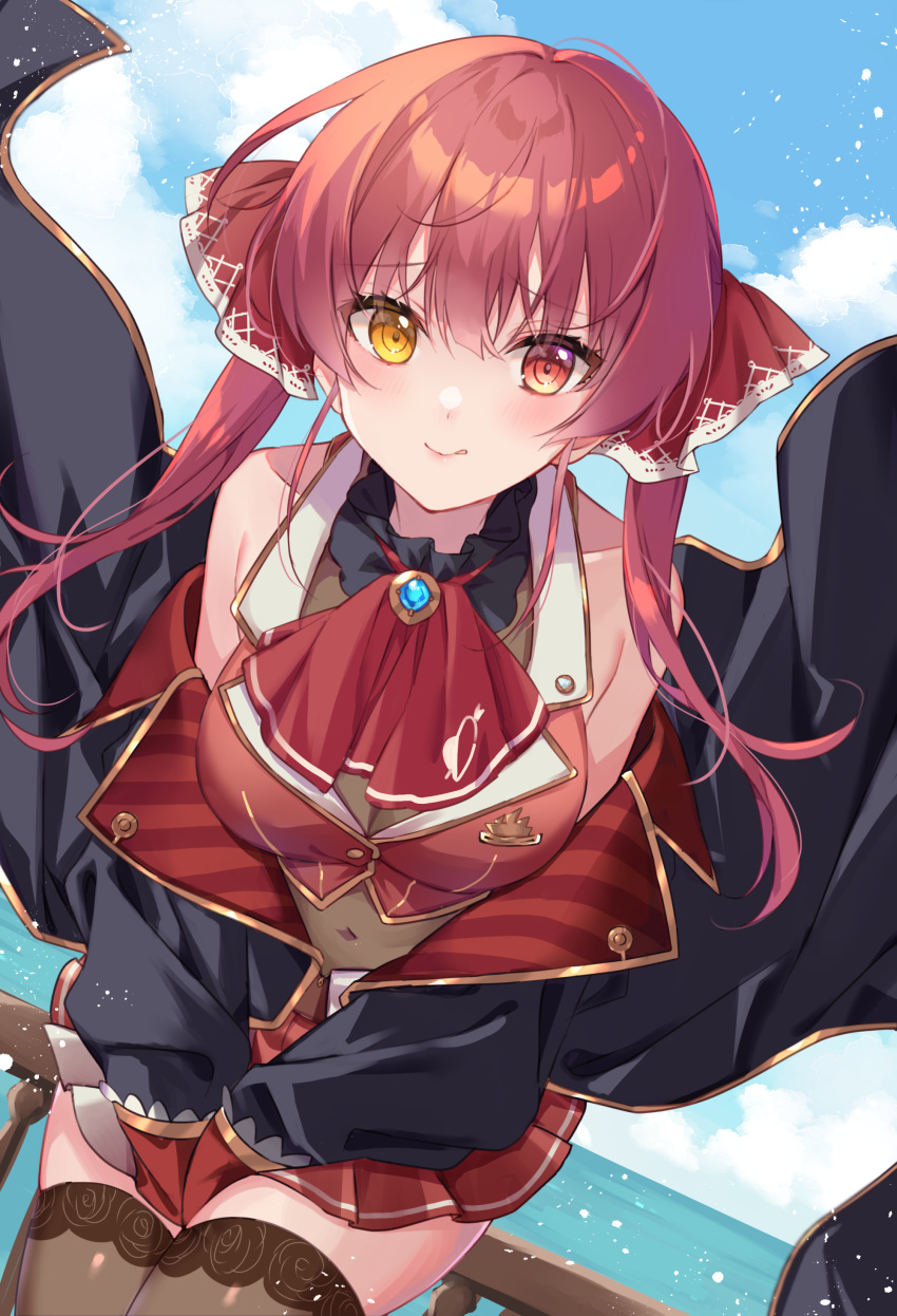 1girl absurdres ascot bangs bare_shoulders belt black_choker black_coat black_legwear blush bodystocking breasts brooch brown_belt choker closed_mouth coat covered_navel covering covering_crotch cropped_jacket frilled_choker frilled_shirt_collar frills gold_trim hair_ribbon heterochromia highres hololive houshou_marine jacket jewelry lace-trimmed_legwear lace_trim large_breasts leather_belt leotard leotard_under_clothes long_hair looking_at_viewer miniskirt miyakoto off_shoulder pleated_skirt red_ascot red_eyes red_jacket red_ribbon red_skirt redhead ribbon see-through_leotard skirt sleeveless sleeveless_jacket solo thigh-highs twintails virtual_youtuber yellow_eyes