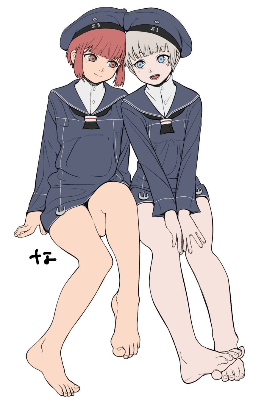 2girls absurdres anchor bare_legs barefoot blue_eyes brown_eyes dress feet flat_color full_body hat heads_together highres ibispaint_(medium) kantai_collection kriegsmarine looking_at_another multiple_girls nanja open_mouth redhead sailor_collar sailor_dress sailor_hat short_hair silver_hair simple_background sitting smile toes white_background z1_leberecht_maass_(kancolle) z3_max_schultz_(kancolle)