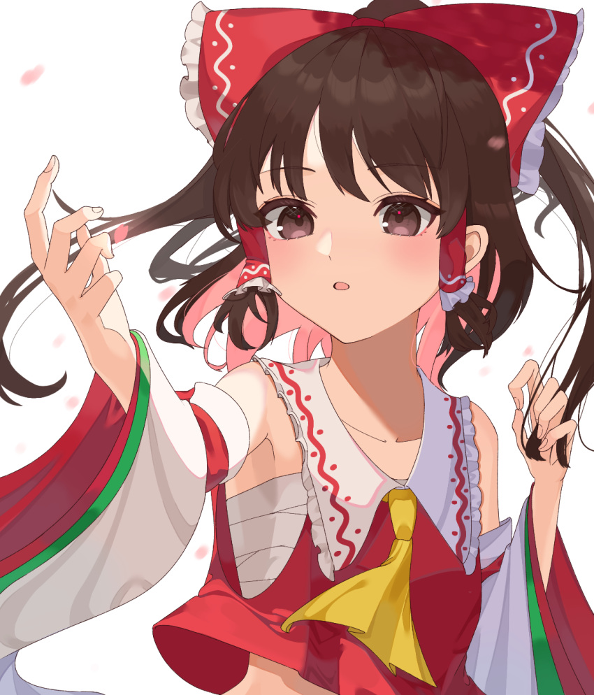 1girl ascot bangs bare_shoulders bow brown_hair collarbone detached_sleeves eyebrows_visible_through_hair frilled_bow frilled_shirt_collar frills gon_marugon_futo hair_bow hair_tubes hakurei_reimu hand_up highres holding holding_hair long_hair long_sleeves parted_lips red_bow red_shirt red_skirt ribbon_trim sarashi shirt sidelocks simple_background skirt solo touhou upper_body white_background wide_sleeves