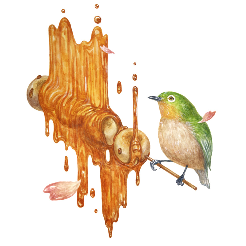 absurdres animal bird dango food food_focus highres japanese_white-eye kanou_(pixiv_37964562) mitarashi_dango no_humans original petals simple_background traditional_media wagashi white_background