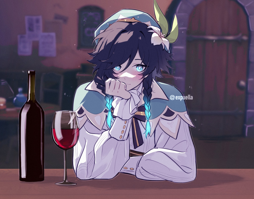 1boy alcohol androgynous aqua_eyes aqua_hair arch bangs beret black_hair blush bottle braid cape collared_cape commentary cup door drinking_glass flower frilled_sleeves frills genshin_impact gradient_hair green_cape green_headwear hand_on_own_chin hat hat_flower head_rest highres juliet_sleeves leaning_on_object leaning_on_table long_sleeves looking_at_viewer male_focus mao_(expuella) multicolored_hair puffy_sleeves shirt short_hair_with_long_locks signature smile solo twin_braids twitter_username two-tone_hair venti_(genshin_impact) white_flower white_shirt wine wine_bottle wine_glass wooden_door