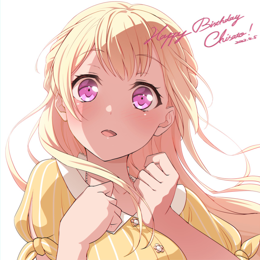 1girl absurdres bang_dream! bangs blonde_hair buttons dated eyebrows_visible_through_hair eyelashes half_updo happy_birthday highres long_hair nobusawa_osamu open_mouth pink_eyes puffy_sleeves shirasagi_chisato solo striped vertical_stripes violet_eyes white_background