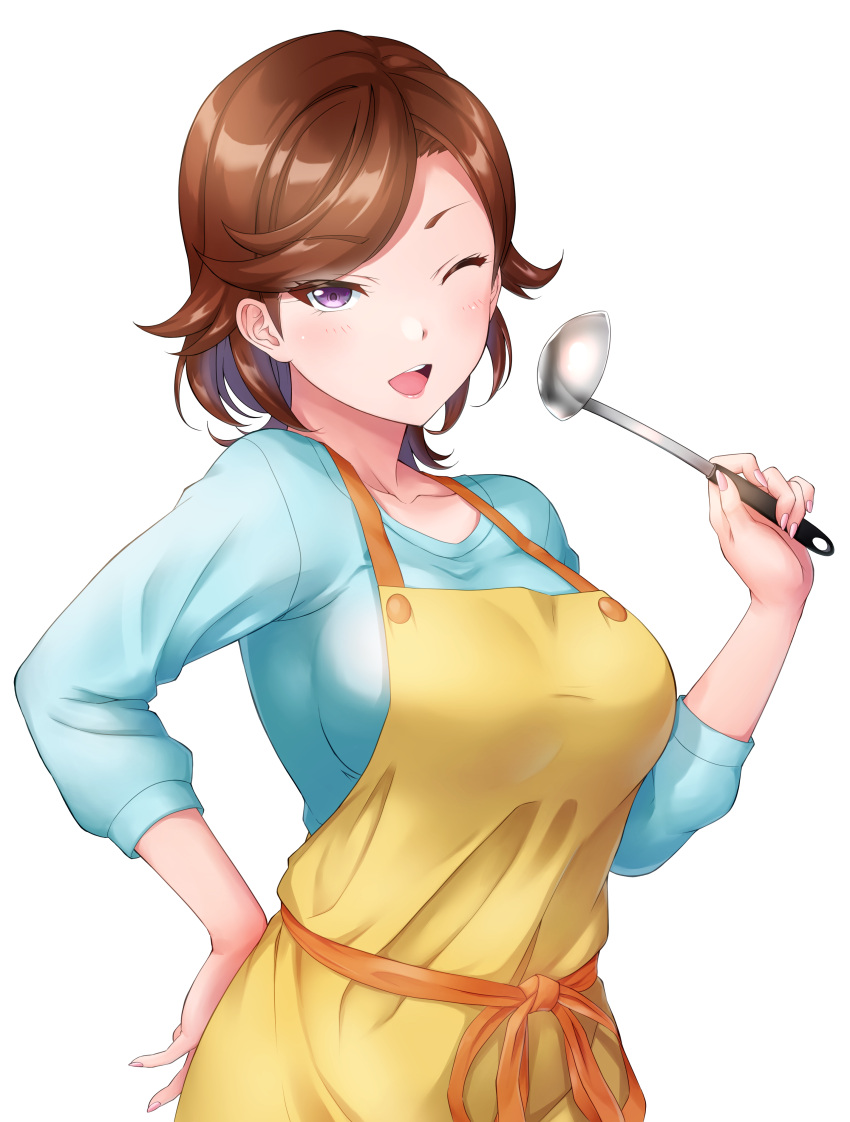 1girl :d absurdres apron breasts brown_hair chishio_(onoderayui) hand_on_hip highres holding holding_ladle ladle large_breasts looking_at_viewer love_live! love_live!_superstar!! mature_female one_eye_closed shibuya_kanon's_mother short_hair simple_background smile solo standing violet_eyes white_background