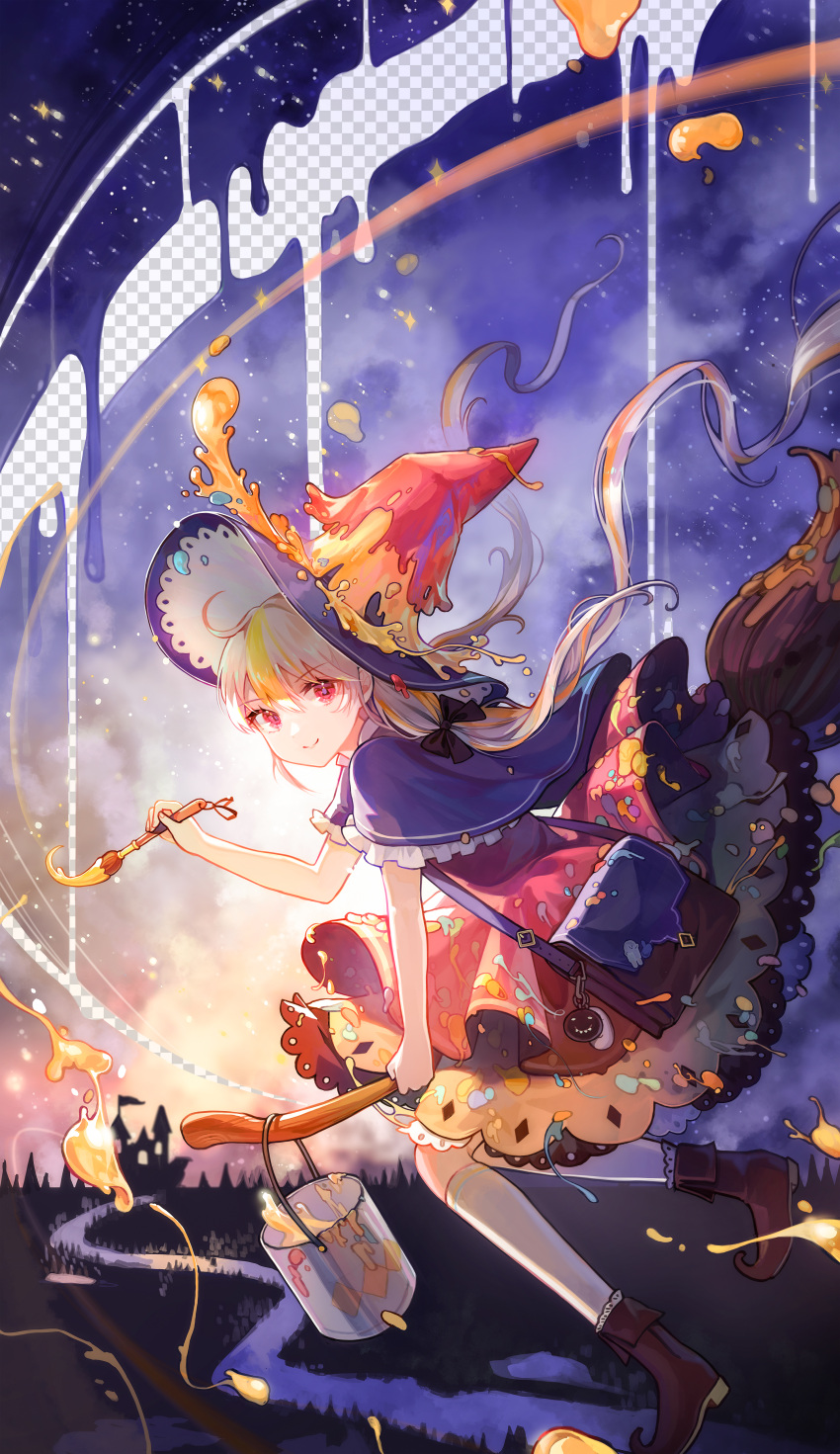 1girl absurdres ahoge ankle_boots bag black_bow blonde_hair boots bow broom broom_riding capelet dripping hair_bow happyongdal hat highres kneehighs long_hair looking_at_viewer night night_sky original paint_can paint_splatter paintbrush petticoat satchel sky smile solo twintails white_legwear witch witch_hat
