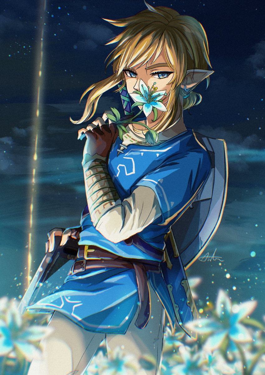 1boy bangs belt bishounen blonde_hair blue_eyes blue_tunic clouds commentary_request covering_mouth earrings field fingerless_gloves flower gauntlets gloves highres holding holding_flower jewelry left-handed link long_hair looking_at_viewer male_focus night night_sky outdoors pointy_ears sakuya_996 sheath sheathed shield short_sleeves sky solo star_(sky) starry_sky sword the_legend_of_zelda the_legend_of_zelda:_breath_of_the_wild tunic weapon weapon_on_back