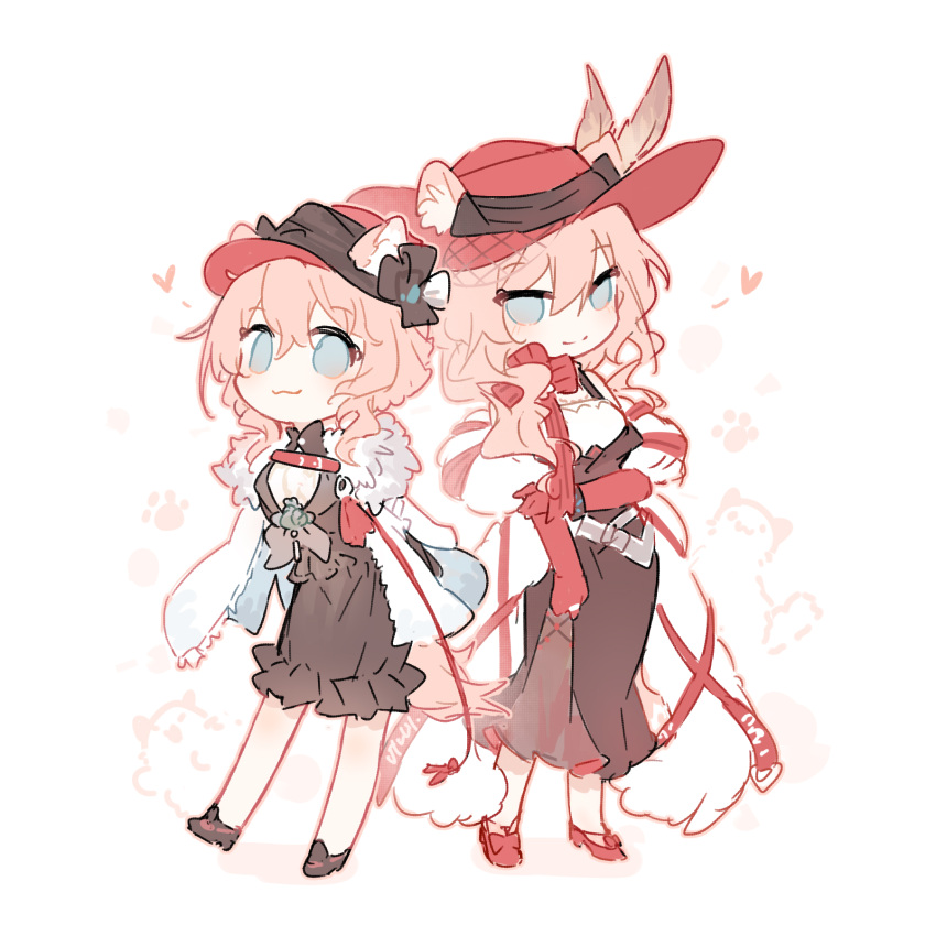 2girls :3 animal_ear_fluff animal_ears arknights bangs black_dress black_footwear black_headwear blue_eyes cat_ears chibi chinese_commentary commentary_request dress dual_persona ears_through_headwear eyebrows_visible_through_hair feather_boa fedora full_body fur-trimmed_jacket fur_trim gloves hair_between_eyes hat heart heidi_(arknights) highres jacket jacket_on_shoulders looking_at_viewer multiple_girls pink_hair red_footwear red_gloves red_headwear renren shoes short_hair simple_background standing white_background white_jacket